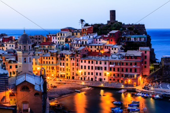 Vernazza Castle and Church at Early Morning in Cinque Terre, Ita