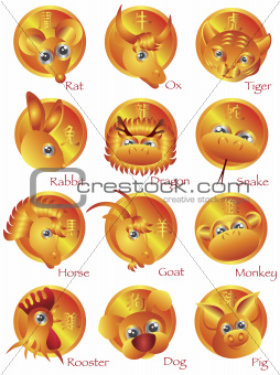 Chinese Zodiac 12 Animals in Gold Circle