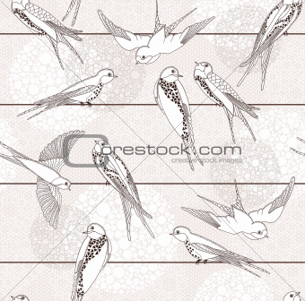 Abstract seamless pattern. Bird on the wires.