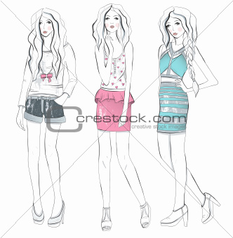 Young fashion girls illustration. Vector illustration. 
