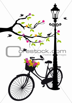 bicycle with lamp, flowers and tree, vector 