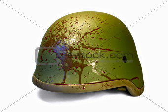 Military or police helmet with blood splattered. Isolated.