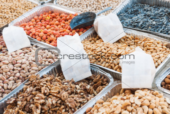 Market stand selling variety of dried fruit