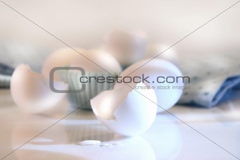 Cracked egg shell on the counter