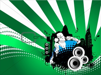 Grunge vector illustration of disc jockey on city background in green