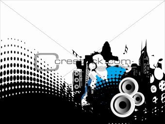 Grunge vector illustration of disc jockey on city background in white