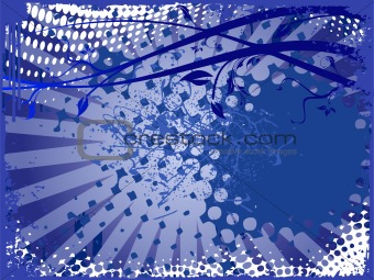 Grungy floral frame background in blue, vector