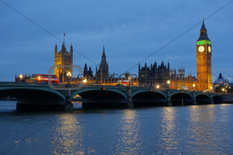 Westminster Bridge and the Houses of Parliament at dusk.