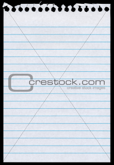 White lined blank torn notepaper page isolated black background.