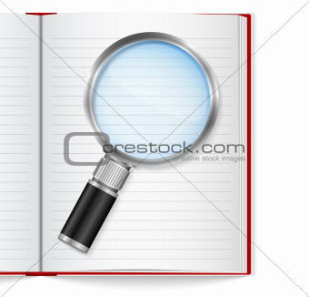 Open book with magnifying glass