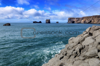 Dyrholeay cliffs and rocks ocean view, Iceland