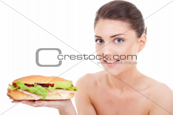 woman holding fresh tasty sandwich