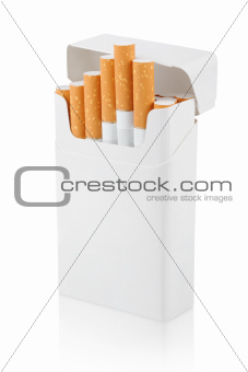 Open pack of cigarettes on white