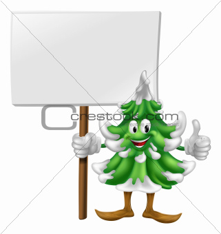 Christmas tree character holding sign