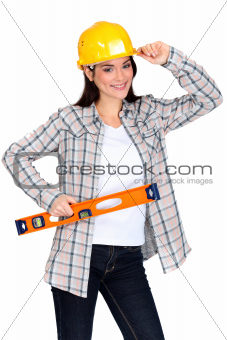 Chirpy female worker with spirit level