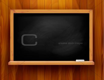 Blackboard on wooden background. Vector illustration.