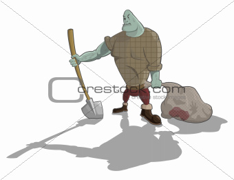 Vector gravedigger with shovel and sack with corpse 