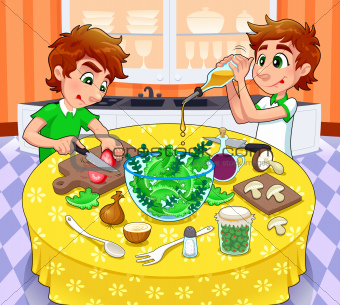 Twins are preparing a green salad.