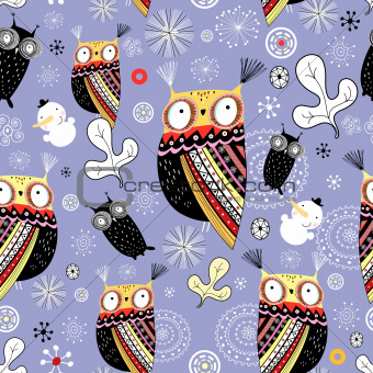 snow texture with owls and snowmen