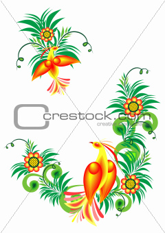 Abstract birds of paradise on floral branches