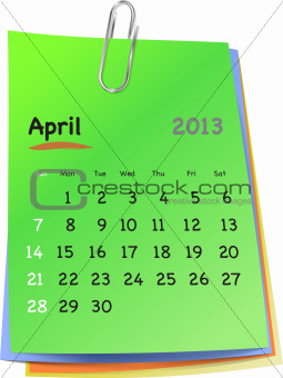 Calendar for april 2013 on colorful sticky notes