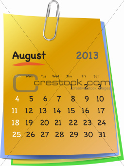 Calendar for august 2013 on colorful sticky notes
