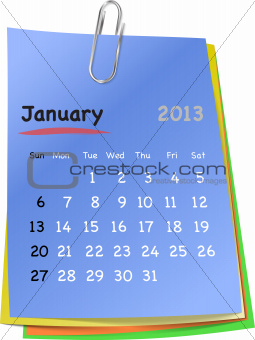Calendar for january 2013 on colorful sticky notes