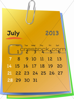 Calendar for july 2013 on colorful sticky notes