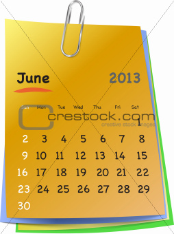 Calendar for june 2013 on colorful sticky notes