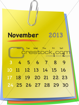 Calendar for november 2013 on colorful sticky notes