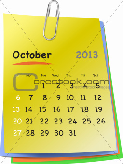 Calendar for october 2013 on colorful sticky notes