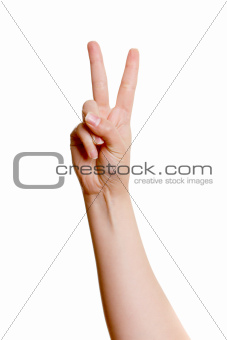 Woman's hand with two fingers up