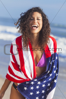 Sexy Young Woman Girl in American Flag on Beach