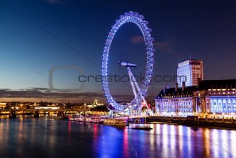 London Eye and London Cityscape in the Night, United Kingdom