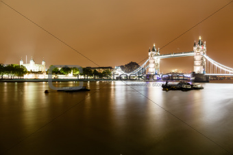 Tower Bridge of London in the Rainy Night, United Kingdom
