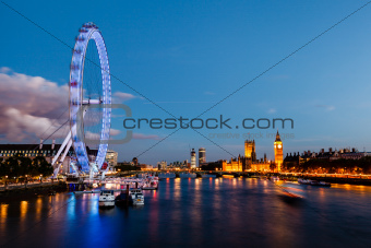 London Eye, Westminster Bridge and Big Ben in the Evening, London