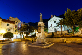 Saint Mark Cathedral in Makarska at Night, Croatia