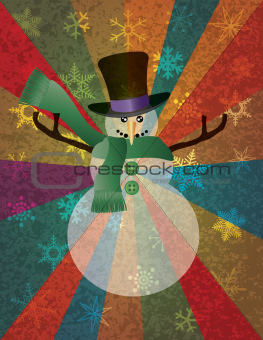 Christmas Snowman with Snowflakes and Colorful Rays Background I