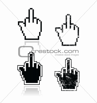 Pixelated cursor hand with middle finger up icons set