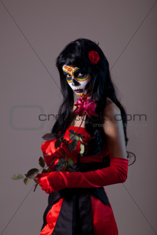 Sugar skull lady with red rose 