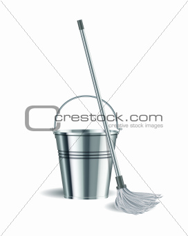 Bucket and mop on white background.