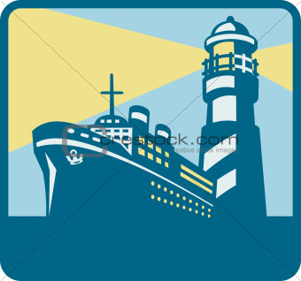 Passenger Ship Cargo Boat Lighthouse Retro
