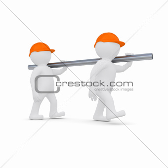 Two workers in helmets are a metal pipe