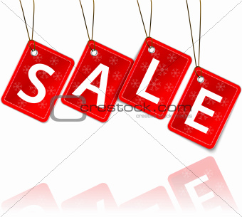 Red hanging tags with the word sale