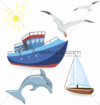 Boats dolphin seagulls