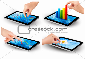 Set of tablet screen with graph and a hand
