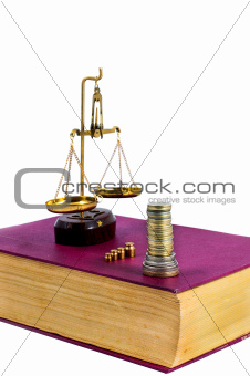 Justice concept. Law, scale, money and book