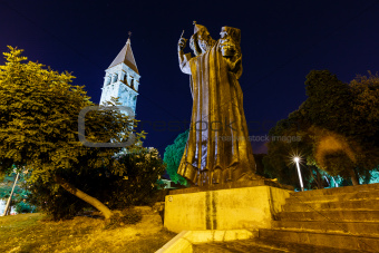 Gregory of Nin Statue and Bell Tower in Split at Night, Croatia