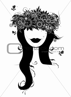 Woman head silhouette with floral wreath