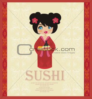 beautiful Asian girl enjoy sushi - menu template